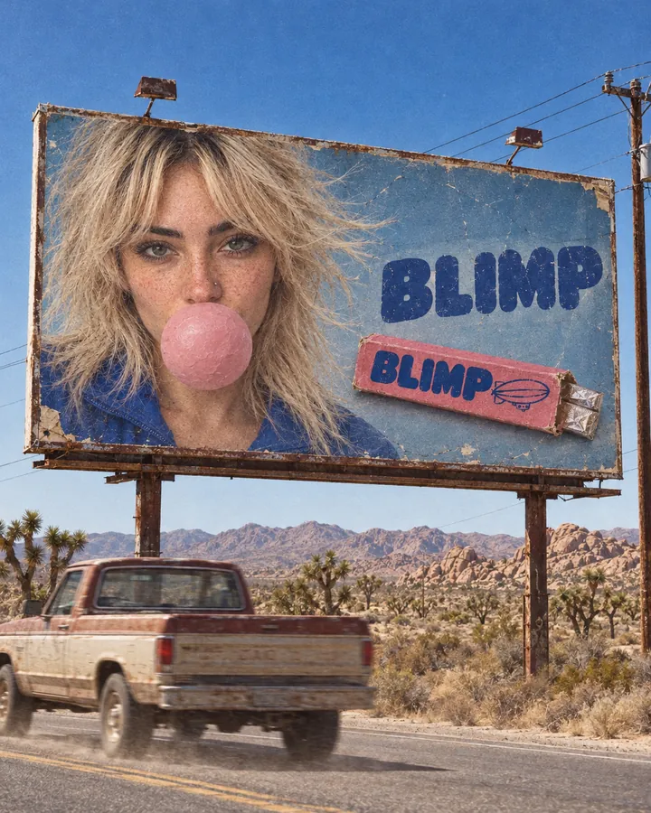 A BLIMP billboard in the desert with a woman blowing a pink bubble