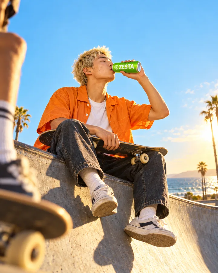 A ZESTA campaign photo of a skater drinking from a lime can