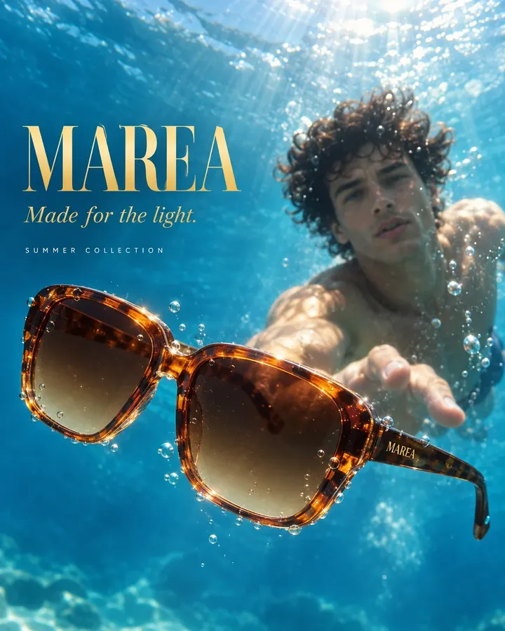 An underwater shot of sunglasses floating toward the camera