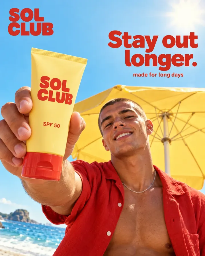 SOL CLUB ad: a man holding sunscreen toward the camera