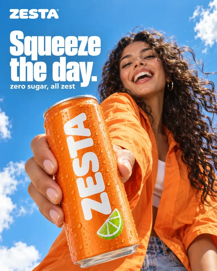 ZESTA ad: a woman holding the can, headline Squeeze the day