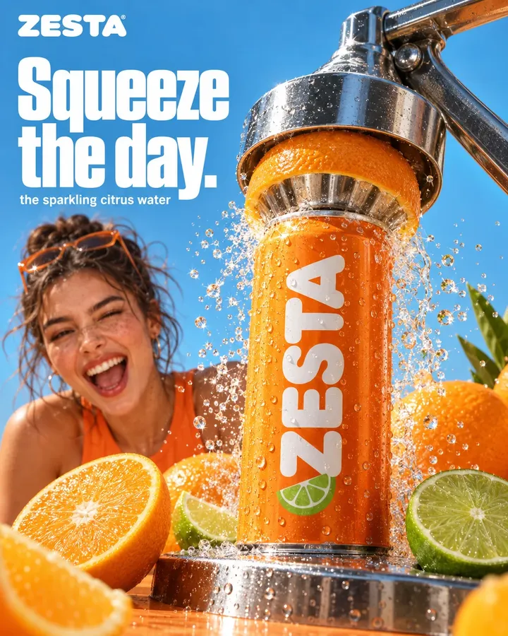 ZESTA ad: a chrome juicer pressing the can