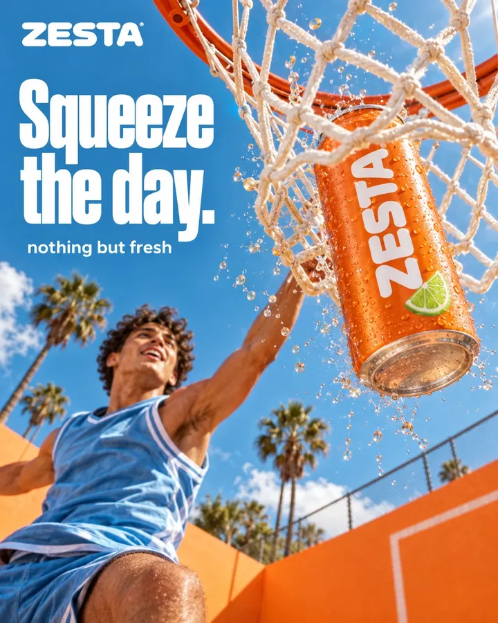 ZESTA ad: the can dropping through a basketball hoop