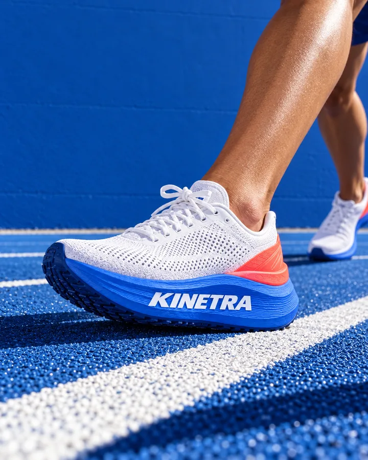 A KINETRA running shoe on a cobalt track with an empty wall above