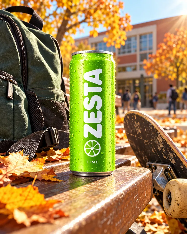 A ZESTA Lime can on a school bench with autumn leaves