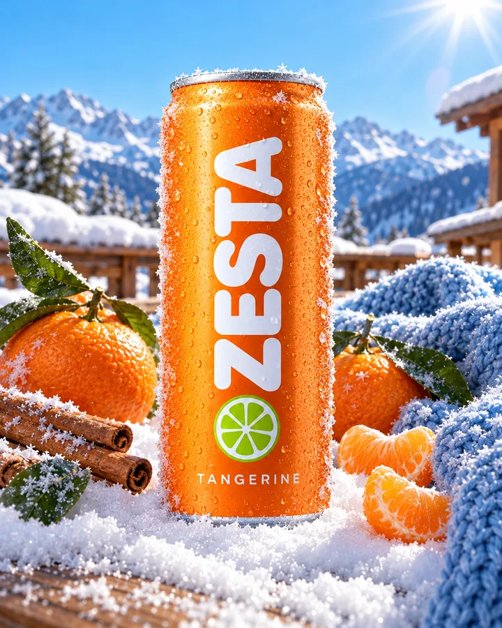 A ZESTA can in snow with tangerines and cinnamon