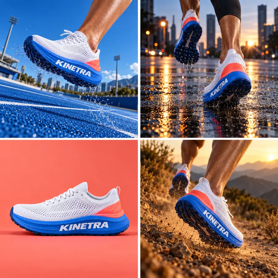 Four ad directions for a KINETRA shoe in a 2 by 2 grid